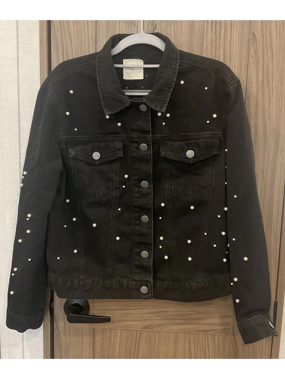TGLA Womens Black Jean Jacket W/ Pearl Like Beads Size Small